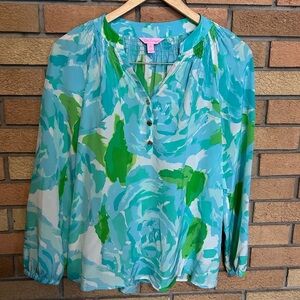 Lilly Pulitzer Elsa Top First Impression Poolside Blue 100% Silk Blouse Size XS